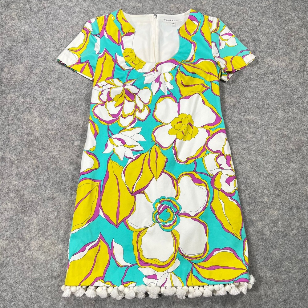 Trina Turk Shift Dress Womens 4 Teal Yellow Floral Pom Pom Retro Mod 70s Boho